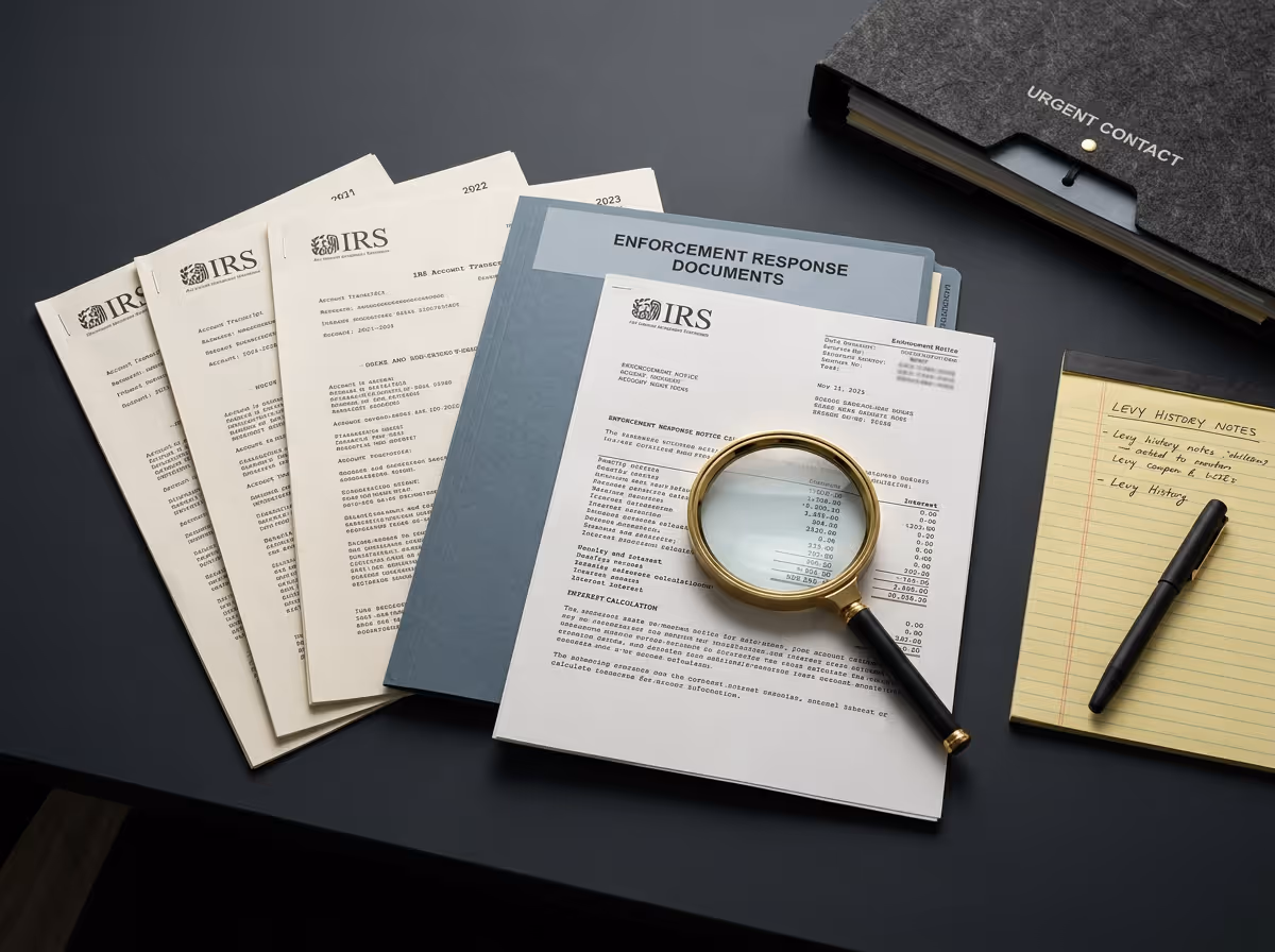 IRS enforcement documents and account transcripts on a dark desk with a magnifying glass, a folder labeled 'Enforcement Response Documents,' a note pad titled 'Levy History Notes,' and a pen.