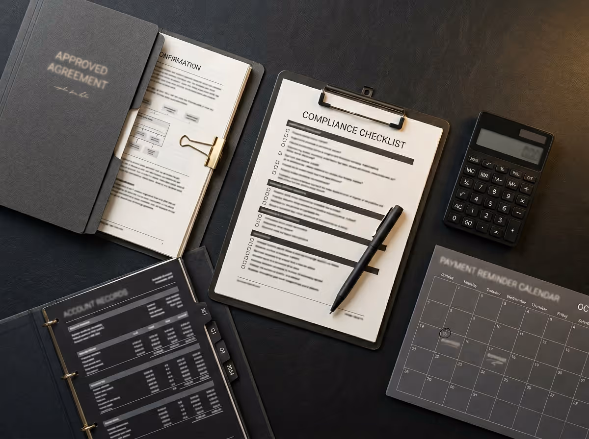 Desk with an approved agreement folder, confirmation document, compliance checklist on clipboard with pen, calculator, and payment reminder calendar.