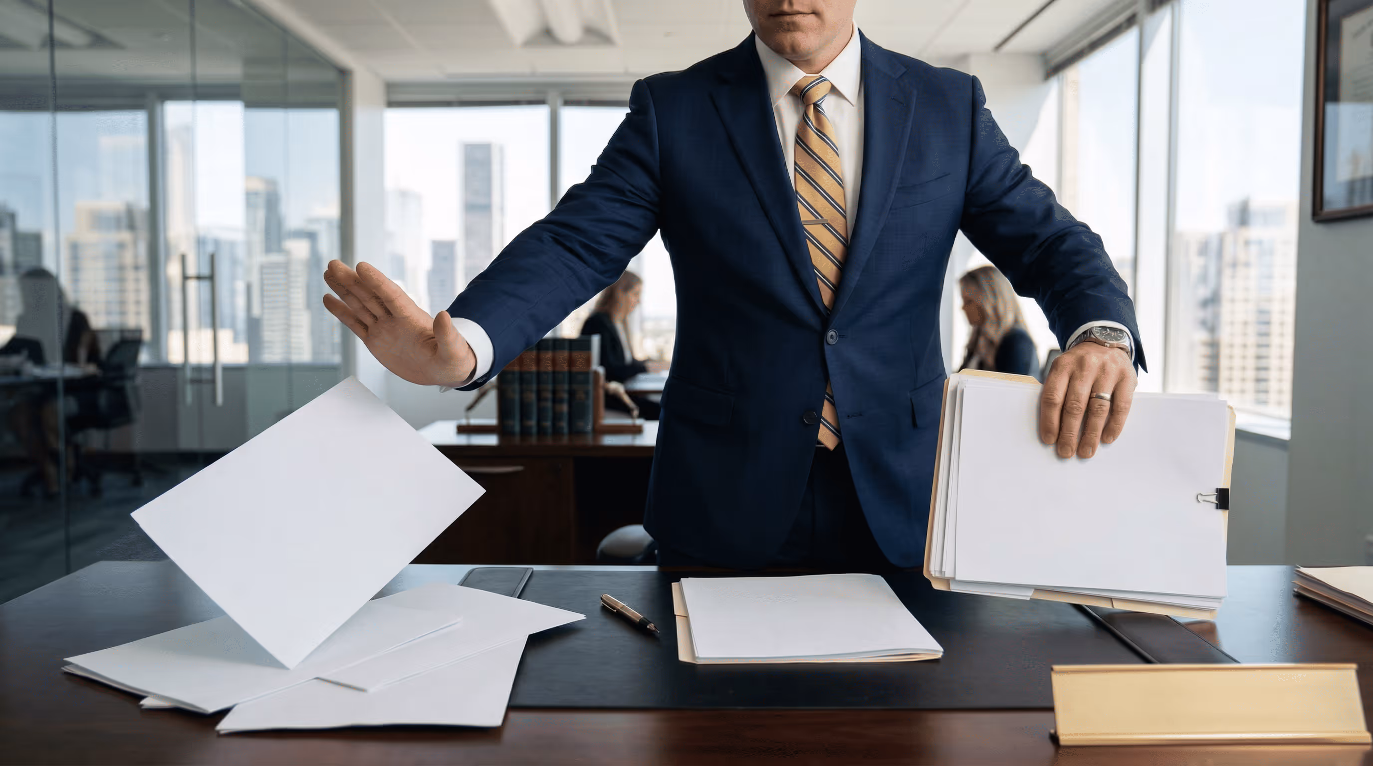 Man in a suit throwing papers off a desk in a modern office with city view windows.