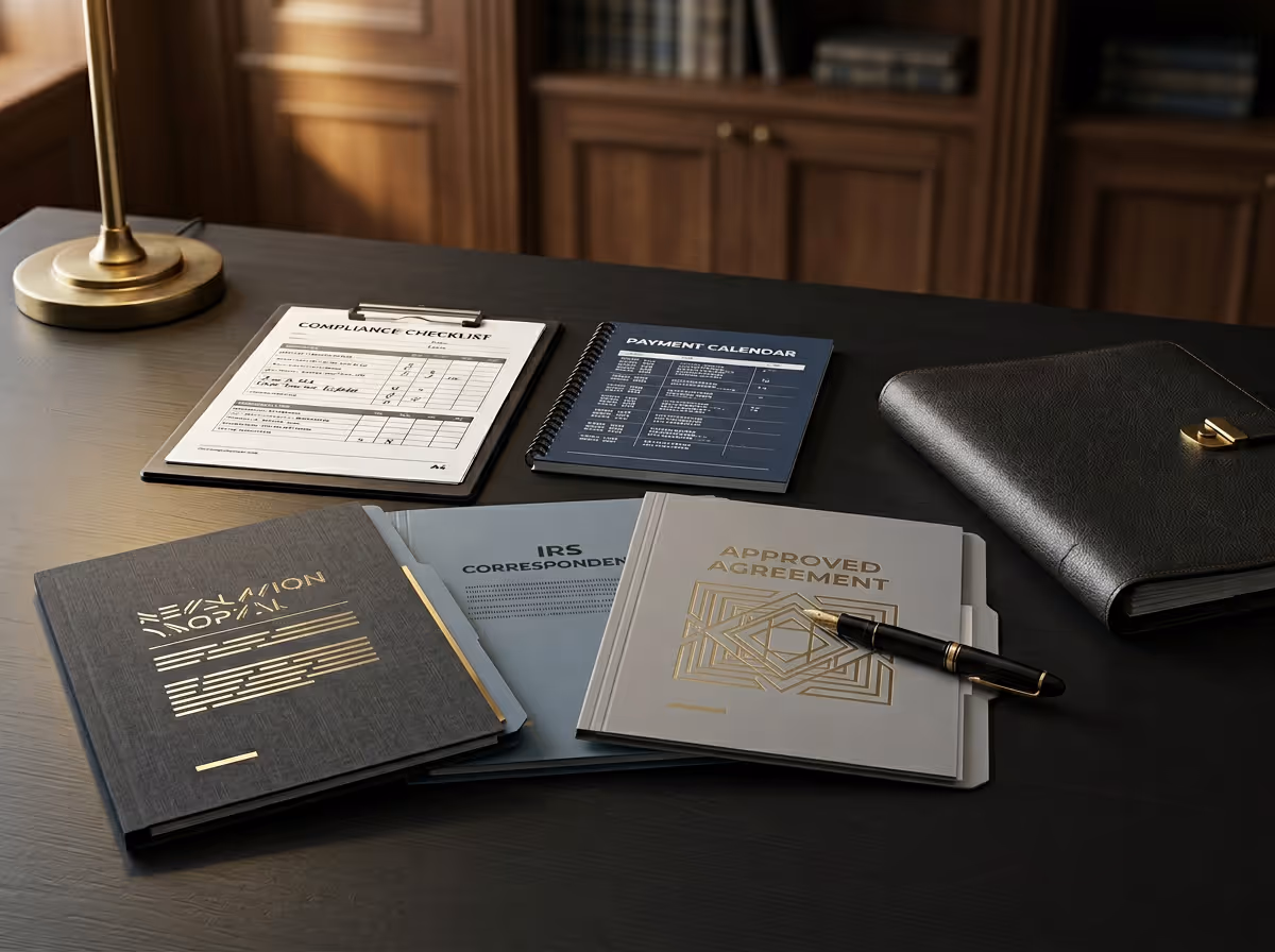Desk with documents including a compliance checklist, payment calendar, IRS correspondence folder, an approved agreement folder with a pen, and a black leather binder.