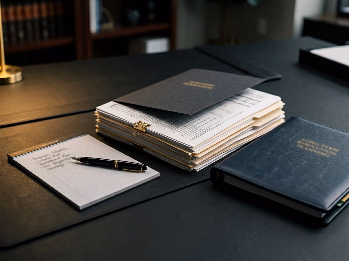 Black leather folder and stacked documents with a notebook and fountain pen on a desk in an office setting.
