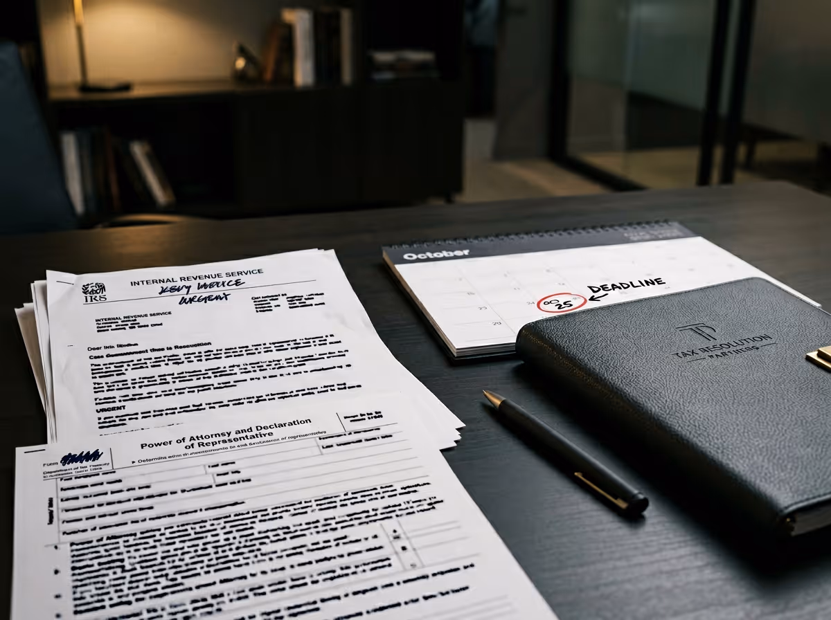 Desk with IRS documents labeled urgent, a pen, a Tax Resolution Solutions planner, and a calendar showing October 25 circled as deadline.