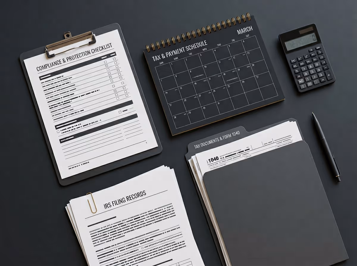 Flat lay of tax-related office supplies including a compliance checklist on a clipboard, a tax and payment schedule calendar, IRS filing records, tax documents folder, calculator, and pen on a dark surface.