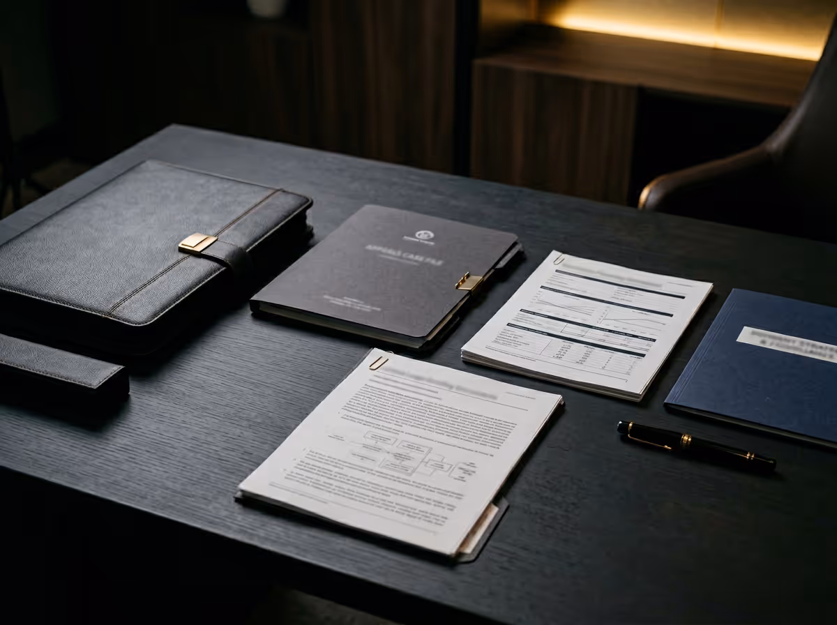 Organized office desk with black leather folder, closed black binder, two stacks of documents, blue folder, and a black pen.