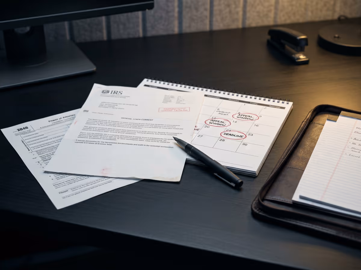 Desk with IRS documents, a pen, and a calendar showing circled dates labeled 'APPEAL WINDOW', 'APPEAL WAITING', and 'DEADLINE'.