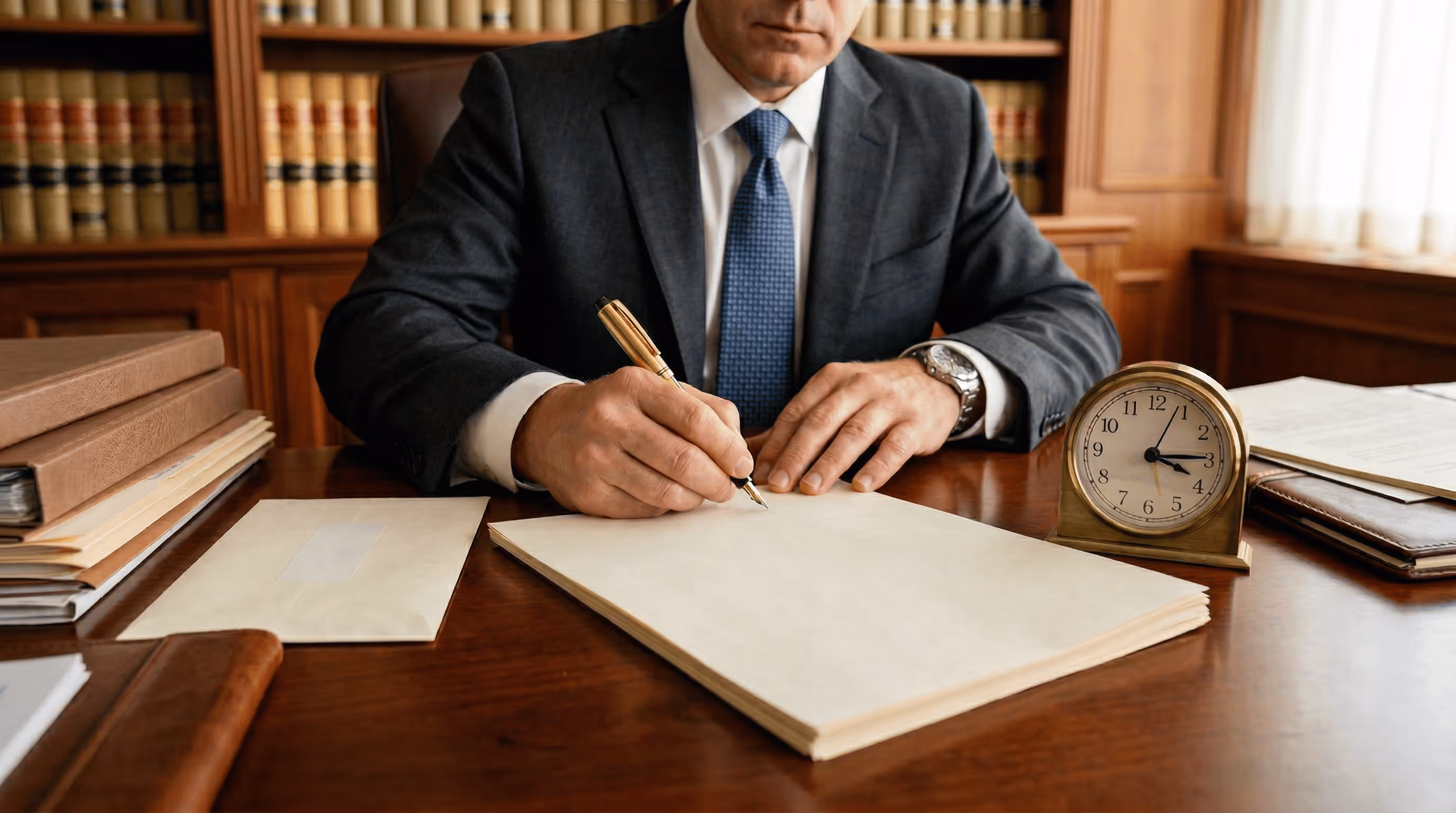 Un hombre vestido con traje que escribe en un bloc de notas en blanco, sentado ante un escritorio de madera con libros de derecho y un reloj que marca las 3:15.