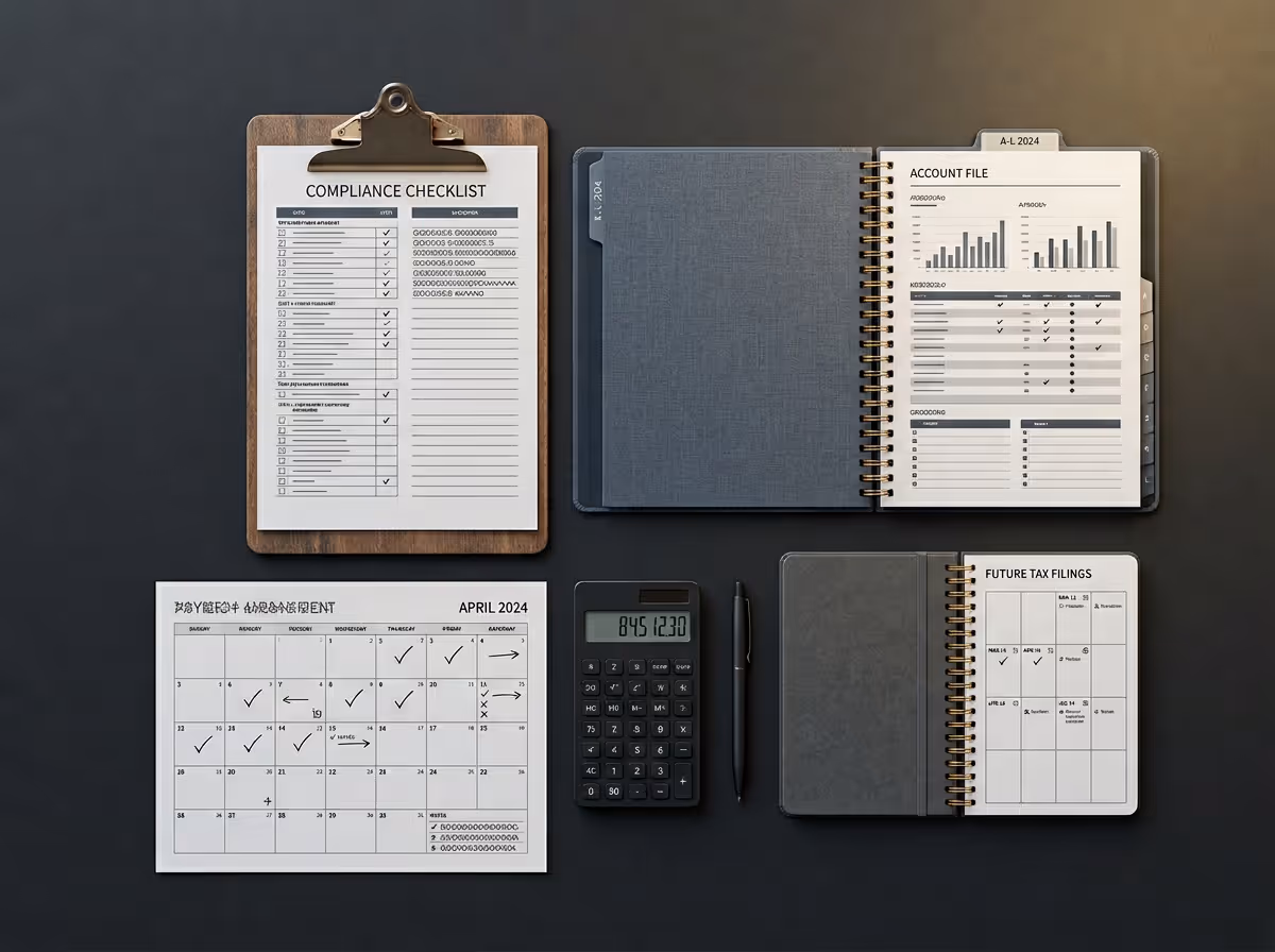 Workspace with compliance checklist on clipboard, account file in a binder, calendar for April 2024, calculator, pen, and notebook labeled Future Tax Filings.