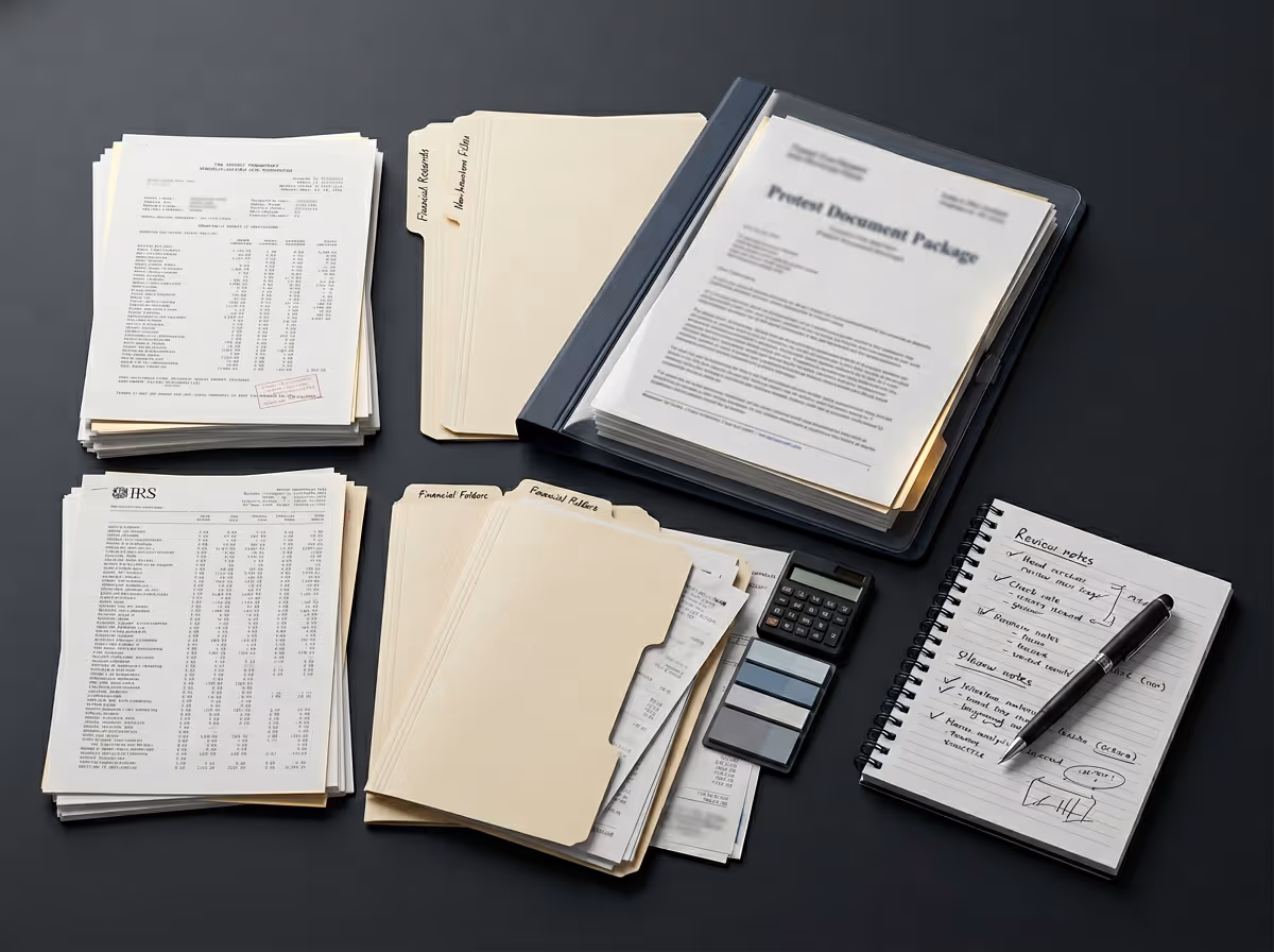 Organized financial documents including folders, IRS statements, a protest document package in a binder, a calculator, and a notebook with handwritten review notes and a pen on a black surface.