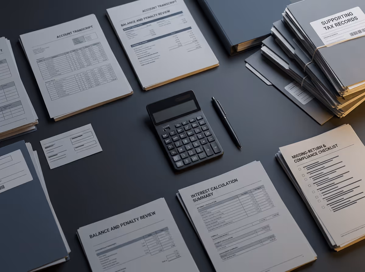 Calculator and pen surrounded by stacks of tax and financial documents on a dark surface.