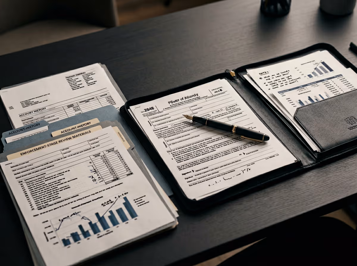 Desk with open black leather folder holding documents including a Power of Attorney form and a pen, alongside stacked folders labeled Account History and Enforcement-Stage Review Materials with charts and notes.