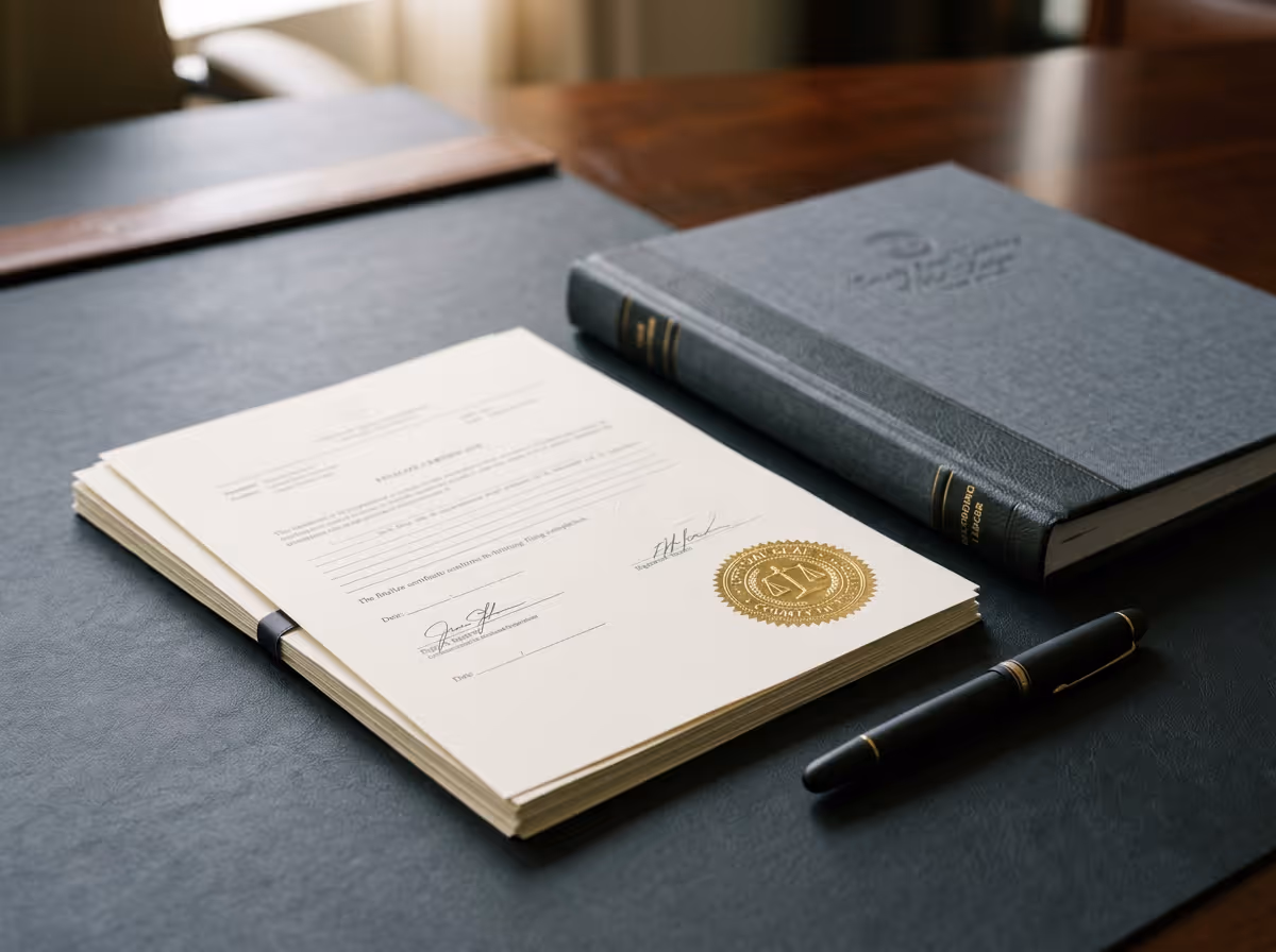 Stack of official documents with signatures and a gold legal seal next to a black pen and a closed hardcover book on a desk.