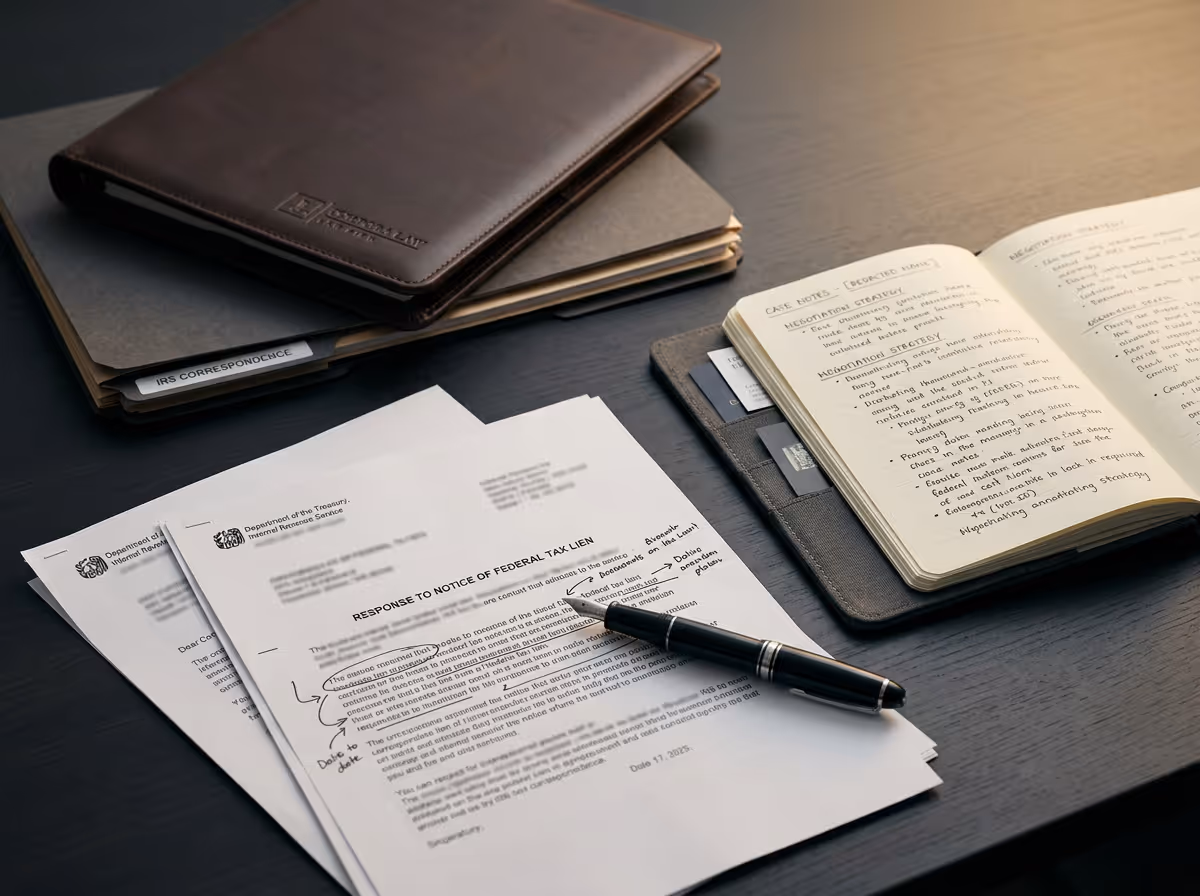 Desk with documents including a response to a notice of federal tax lien with handwritten notes, a pen, a notebook with case notes, and a folder labeled IRS correspondence.