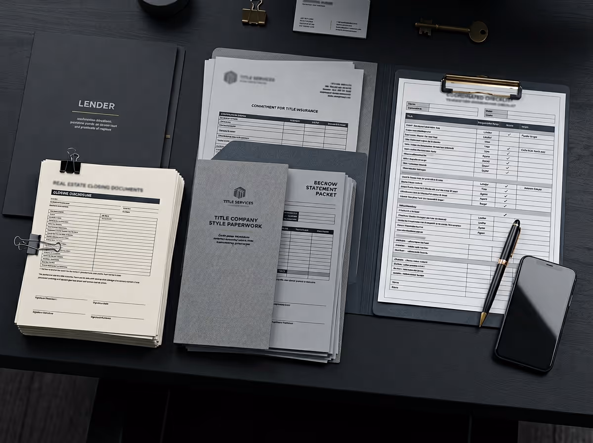 Desk with organized real estate documents, folders labeled 'Lender' and 'Title Company Style Paperwork', a clipboard with a form, a pen, and a smartphone.