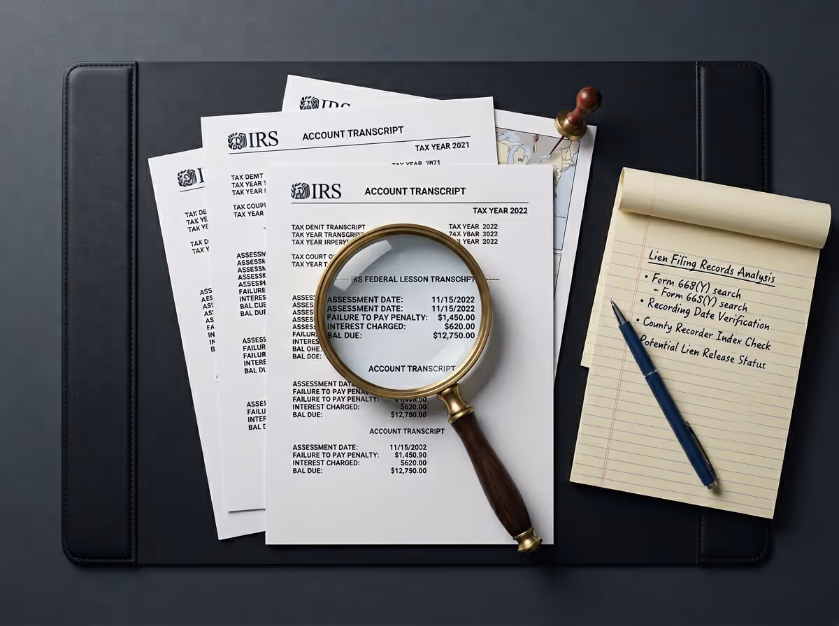 IRS account transcripts with a magnifying glass highlighting assessment details, and a notepad with lien filing records analysis notes and a pen on a black surface.