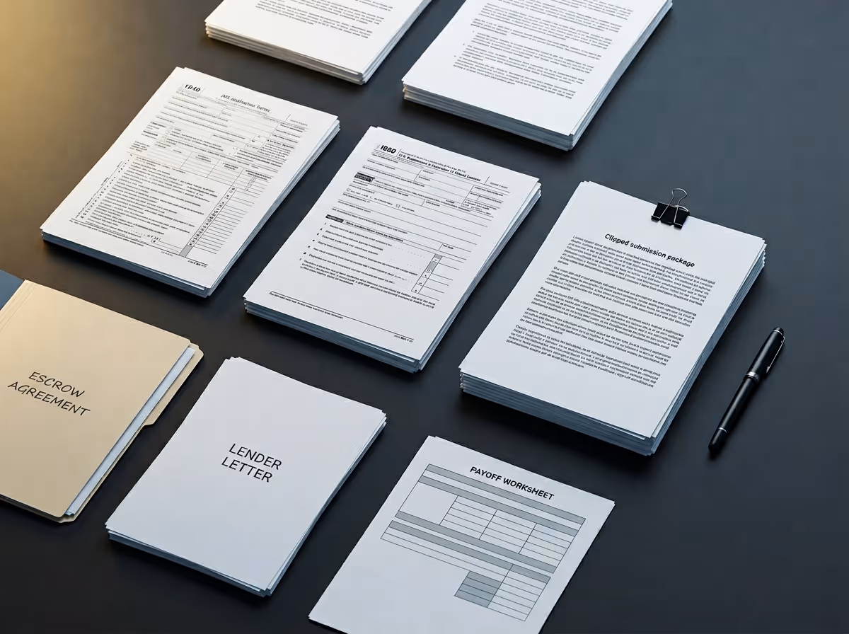 Stacks of various financial and legal documents including escrow agreement, lender letter, payoff worksheet, and clipped submission package on a dark surface with a pen.