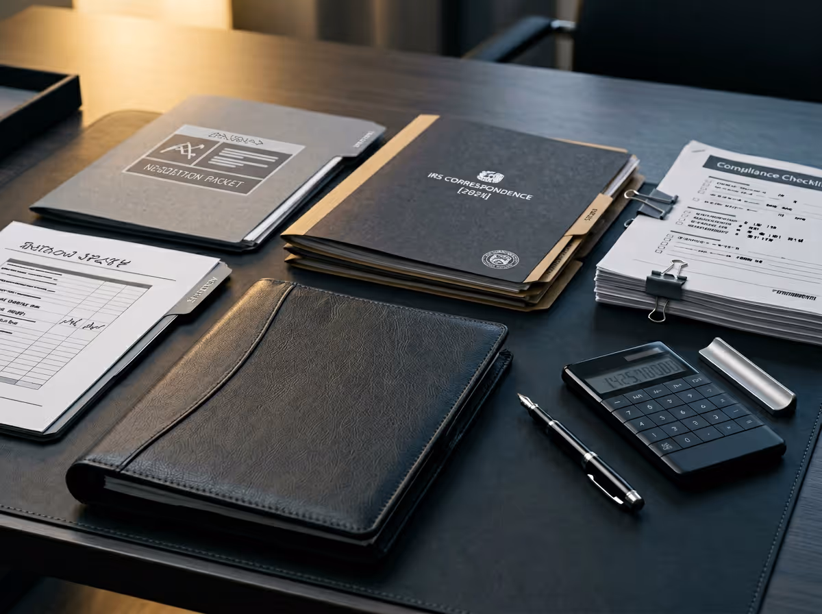 Desk with organized documents including an audit folder, IRS correspondence files, a compliance checklist stack, a calculator showing 14257000, a pen, and a black leather binder.