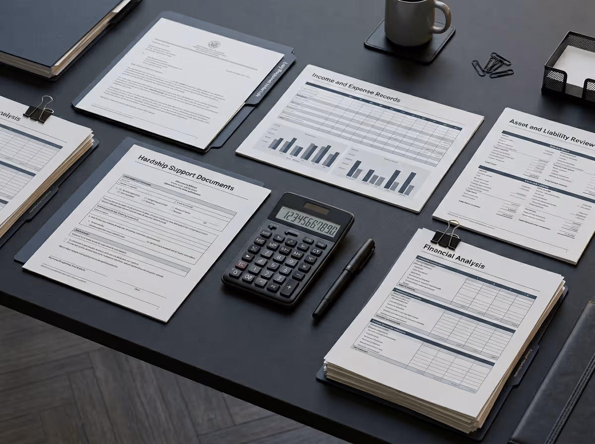 Office desk with financial documents, a calculator showing numbers, a pen, a coffee cup, and paper clips neatly arranged.