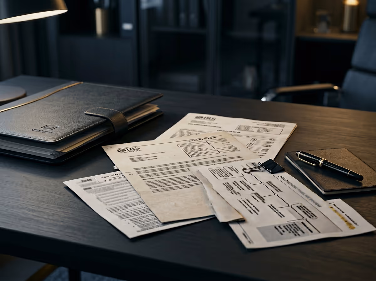 Desk with IRS tax documents, a leather folder, a pen, and a small notebook.