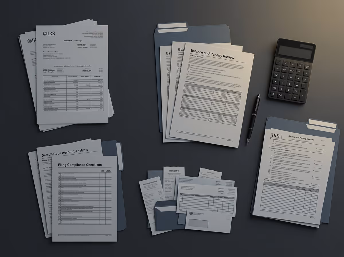 Stacks of IRS documents including Account Transcript, Balance and Penalty Review, Default-Code Account Analysis, Filing Compliance Checklists, and receipts, arranged on a dark surface with a calculator and pen.
