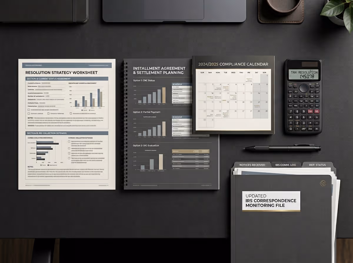 Flat lay of desk with resolution strategy worksheet, installment agreement planning notebook, 2024/2025 compliance calendar, calculator, pen, and IRS correspondence monitoring file.