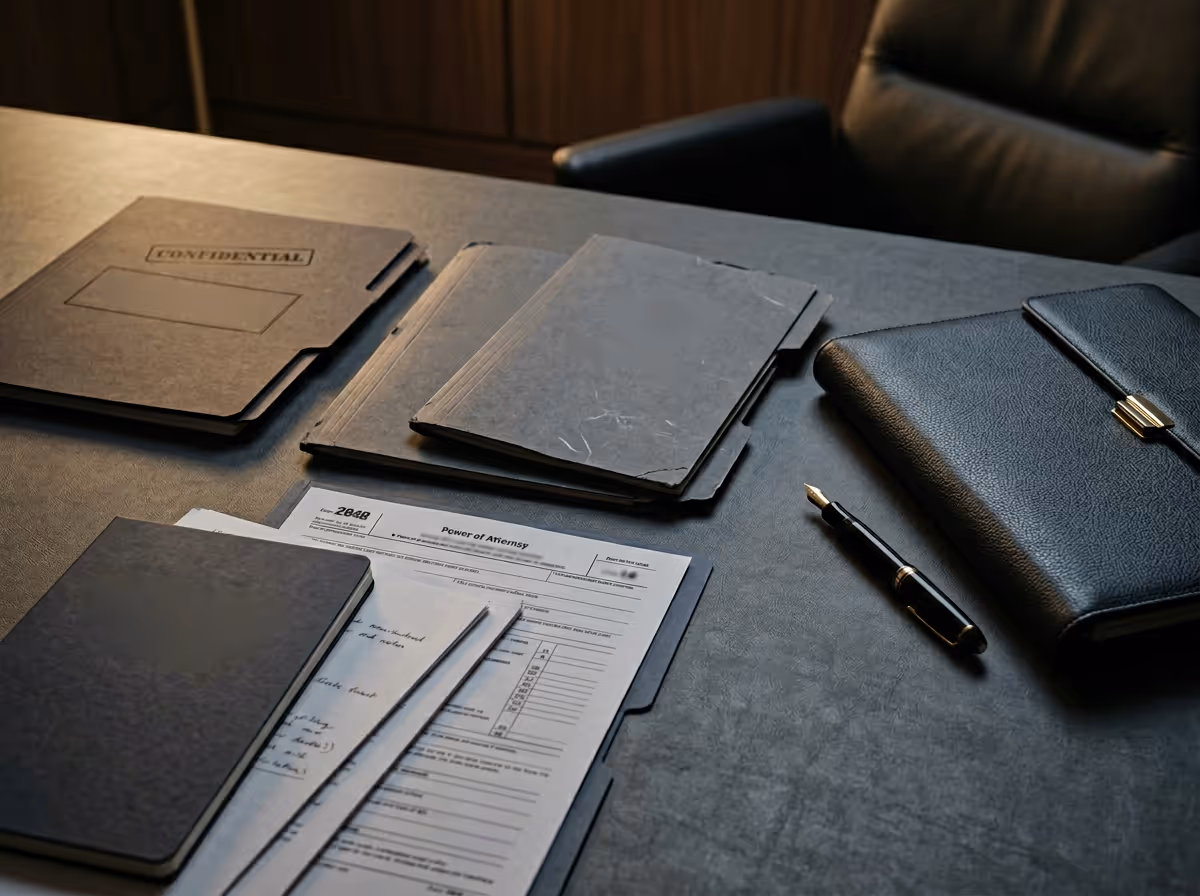 Desk with confidential folders, documents including Power of Attorney form, a black fountain pen, and a leather portfolio beside a chair.