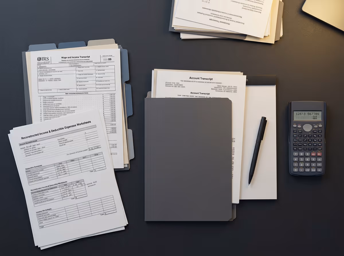 Desk with organized tax documents including IRS wage and income transcript, reconstructed income worksheets, account transcripts, a black pen, and a calculator.