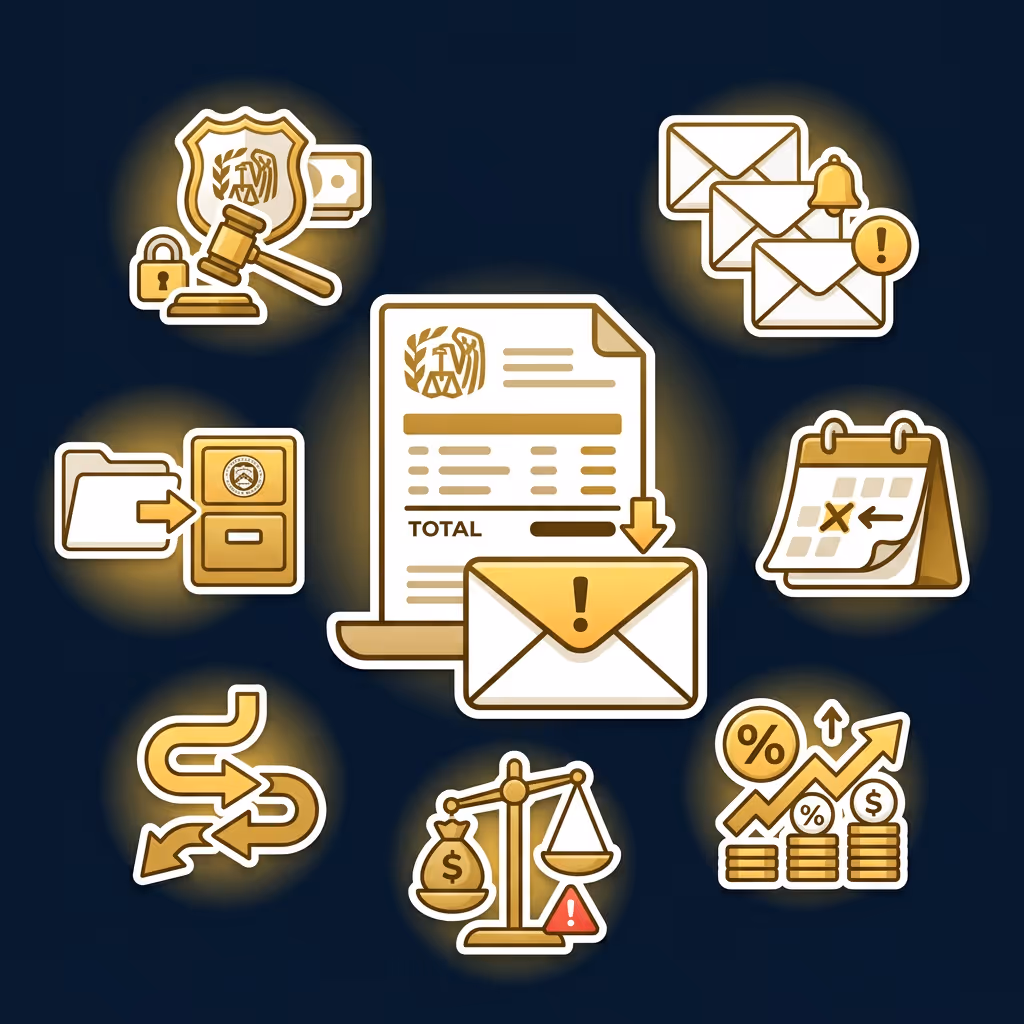 Illustration of billing and payment demand concepts including a billing document with alert envelope, legal shield with gavel, notification envelopes, calendar with a date marked, filing folder, financial scales with money bag, curved arrows for process, and ascending financial chart with coins and percentages.