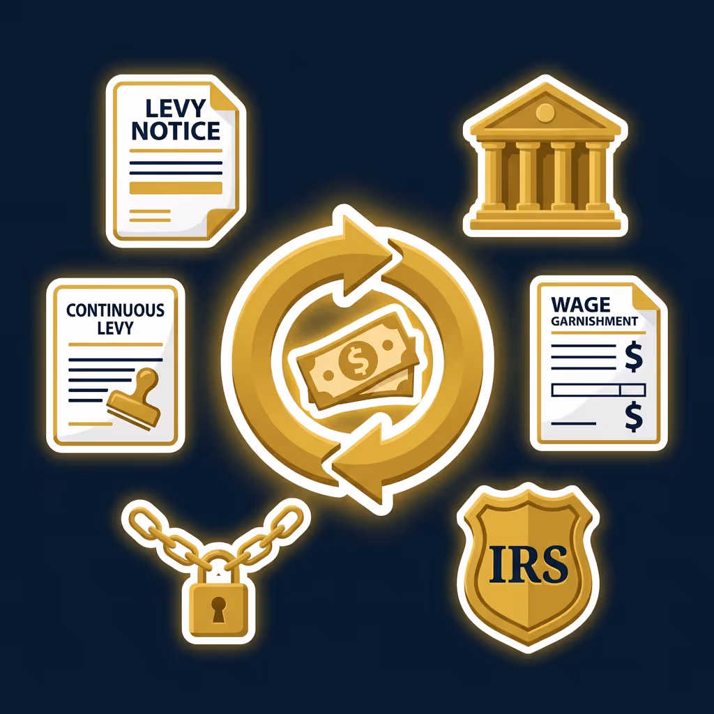 Illustration of tax levy concepts showing documents labeled Levy Notice, Continuous Levy, Wage Garnishment, a government building, IRS shield, a padlock with chain, and circular arrows around money bills.