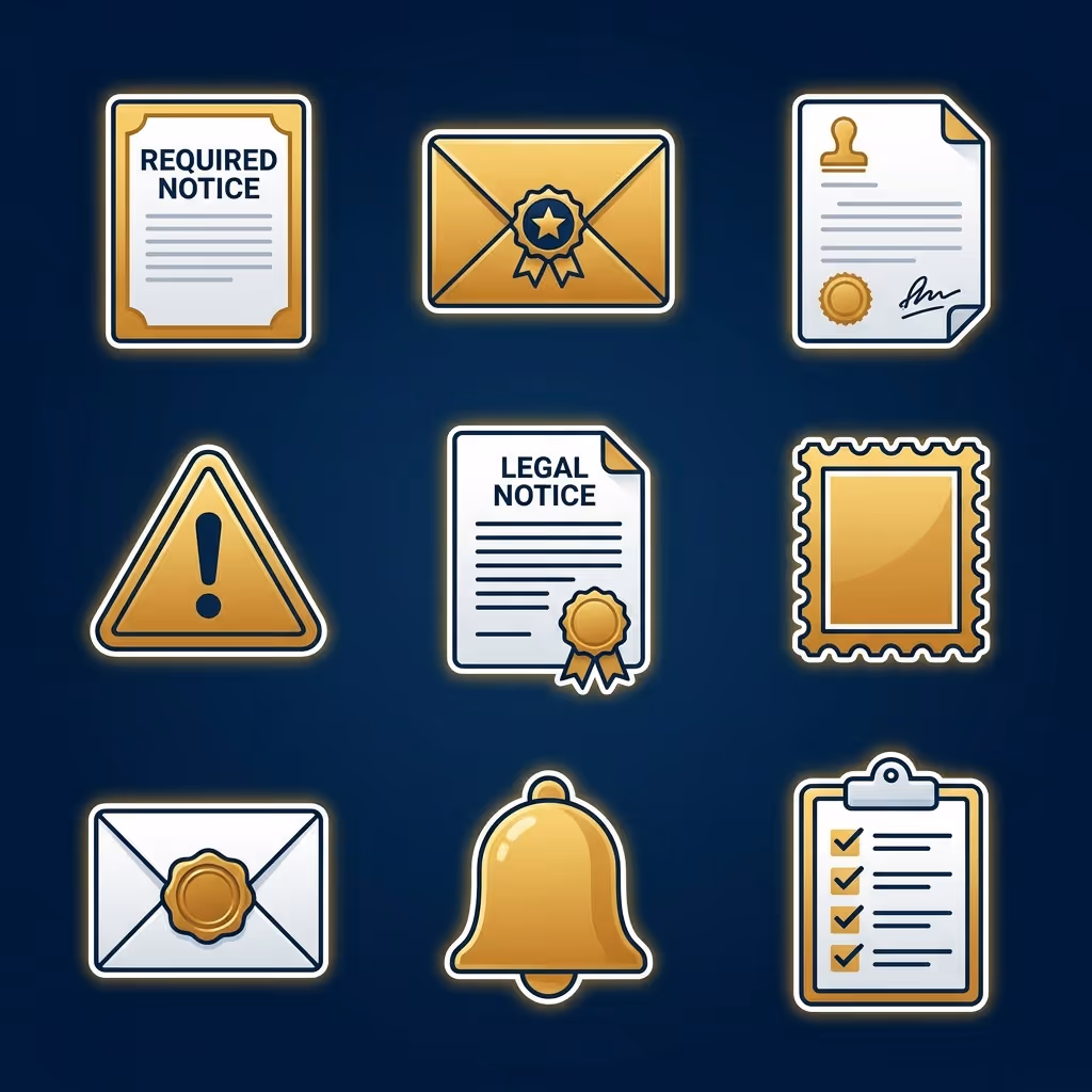 Set of nine golden and white icons on a dark blue background depicting documents, envelopes with seals, warning sign, legal notice, bell, stamp, and checklist.