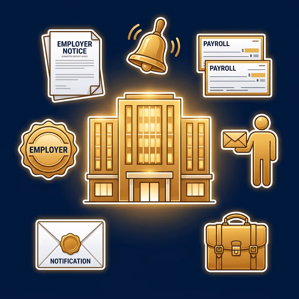 Golden icons representing employer notification concepts including a building, notice papers, bell, payroll checks, employer badge, person holding envelope, sealed notification envelope, and briefcase on dark background.