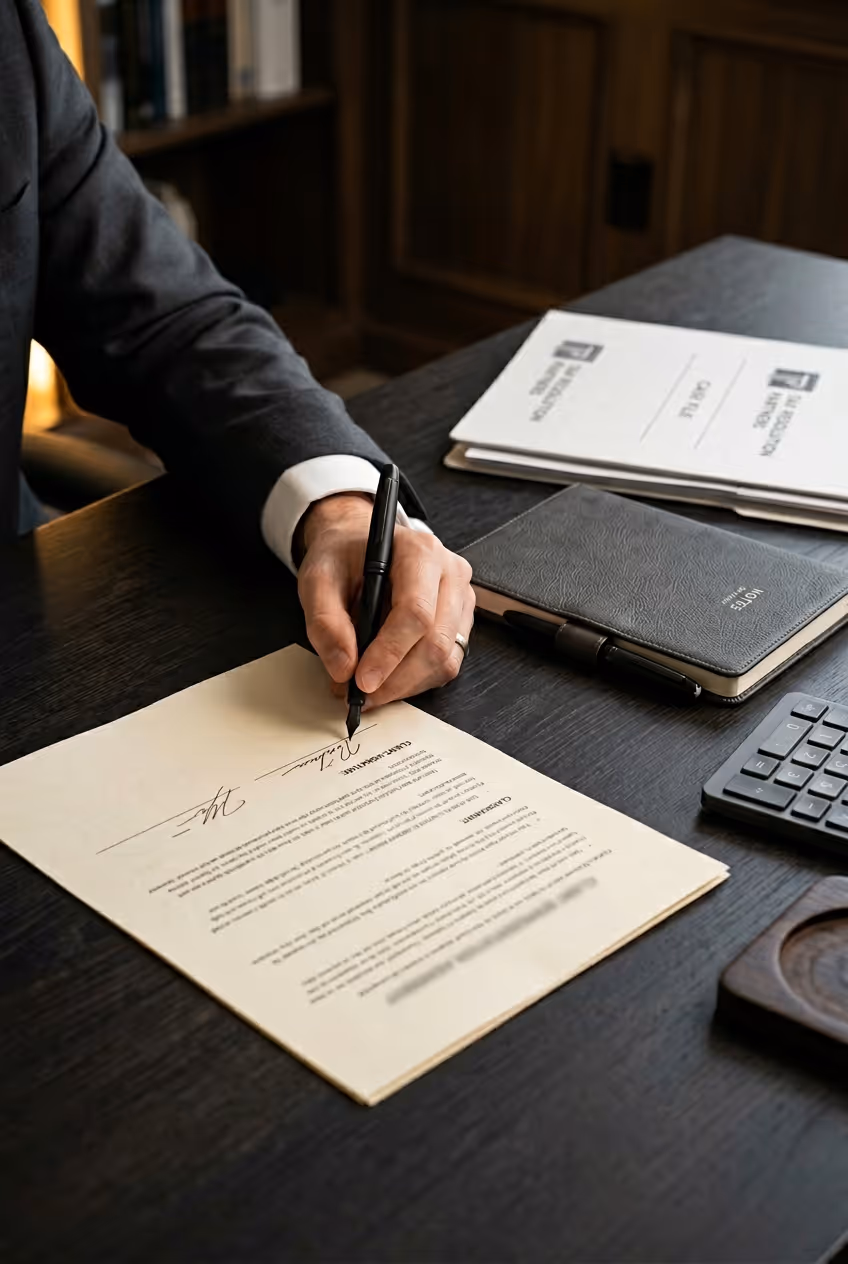Person in suit signing a formal document on a dark wooden desk with a pen, near a notebook and calculator.