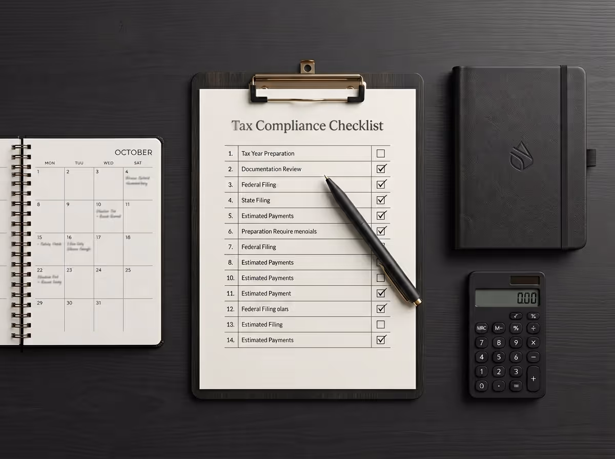 Clipboard with a tax compliance checklist and pen, next to a calendar, a black notebook, and a calculator on a black surface.