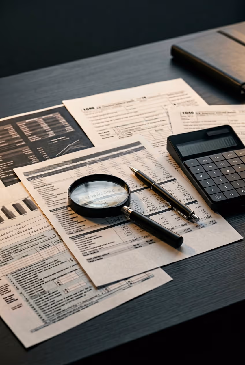 Magnifying glass, pen, and calculator on financial documents and tax forms spread on a dark wooden desk.