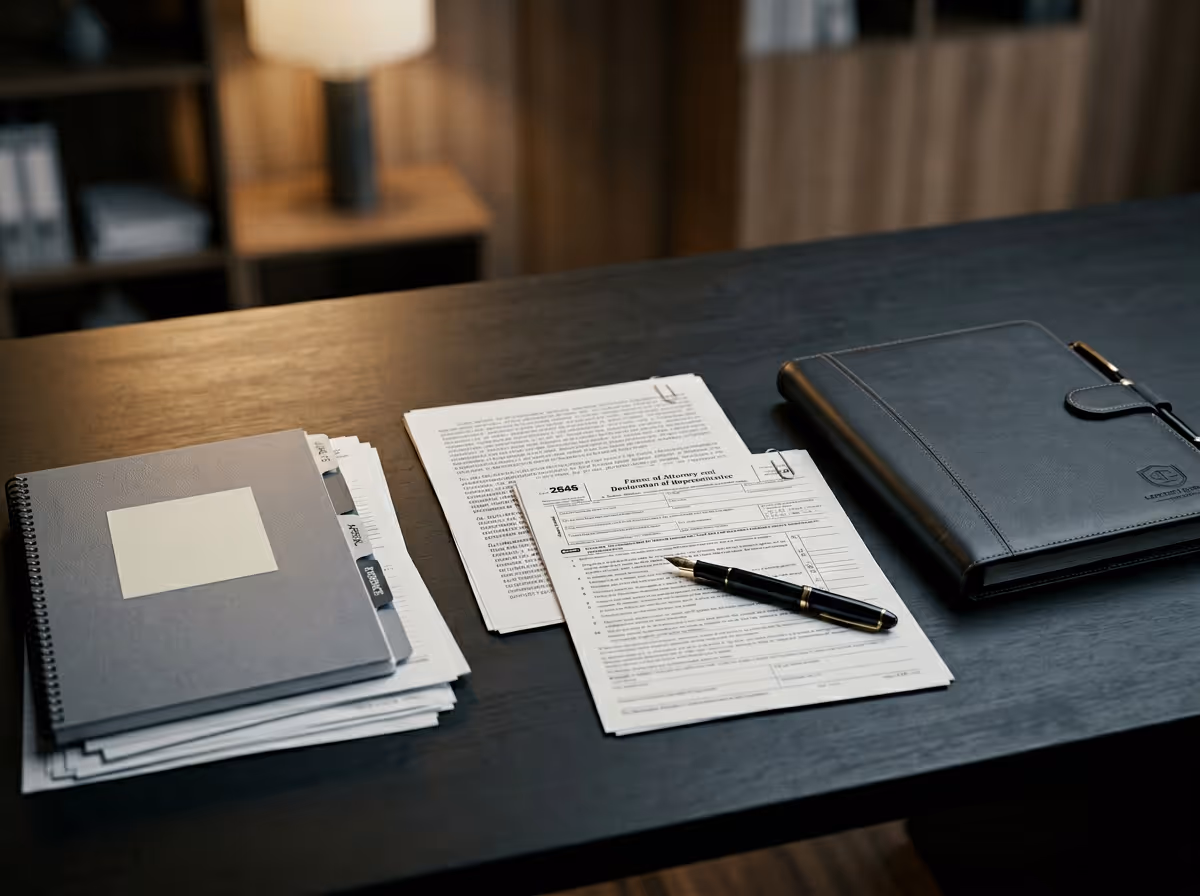 Desk with organized legal documents, a pen, and a closed black portfolio folder in an office setting.