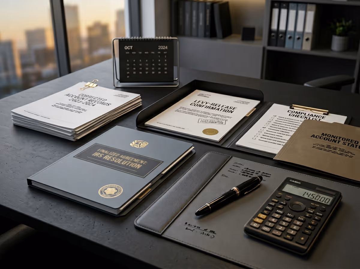 Office desk with IRS resolution documents, calculator showing 145000, pen, and calendar set to October 2024.