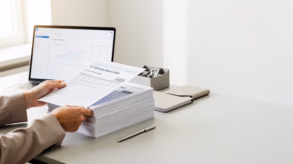 Person holding and sorting through a large stack of TC-150 guide return files on a desk with a laptop showing financial data in the background.