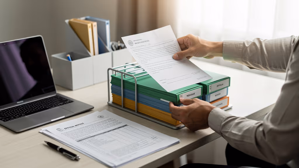 Person organizing official documents and files at a desk with a laptop and pen nearby.