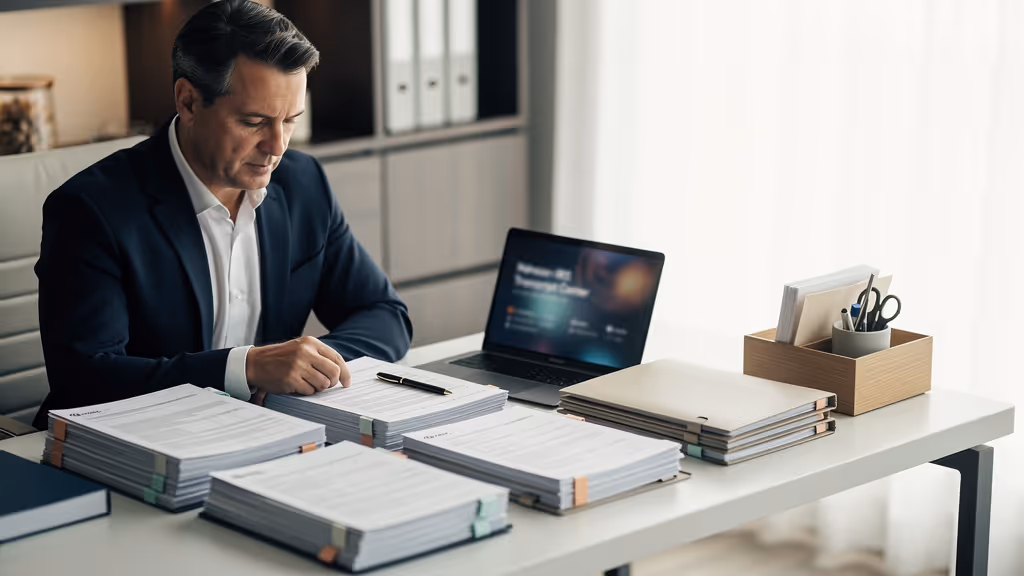 Man in a suit reviewing multiple stacks of documents at a desk with a laptop and office supplies.