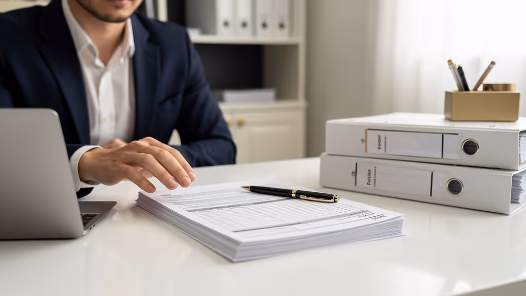 Man in a suit sitting at a desk with a laptop, a stack of papers, a black pen, and two white binders.