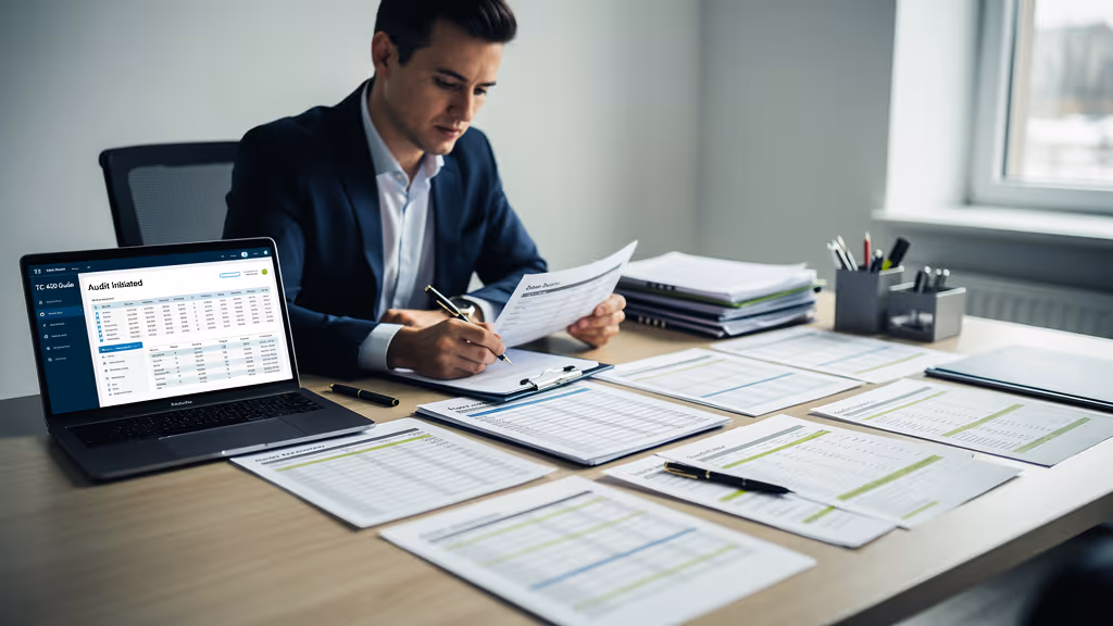 Man in suit reviewing documents and taking notes at a desk with a laptop displaying an audit dashboard and multiple spreadsheets spread out.