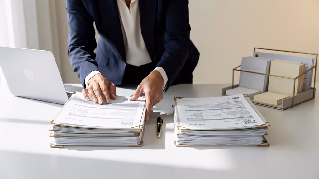 Person in business attire organizing two large stacks of documents on a white desk next to a laptop and a pen.