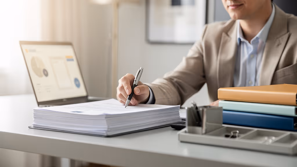 Person reviewing and marking a thick stack of documents on a desk with a laptop, books, and office supplies nearby.