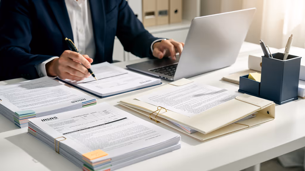 Person in business attire working at a desk with a laptop and stacks of IRS forms and documents.