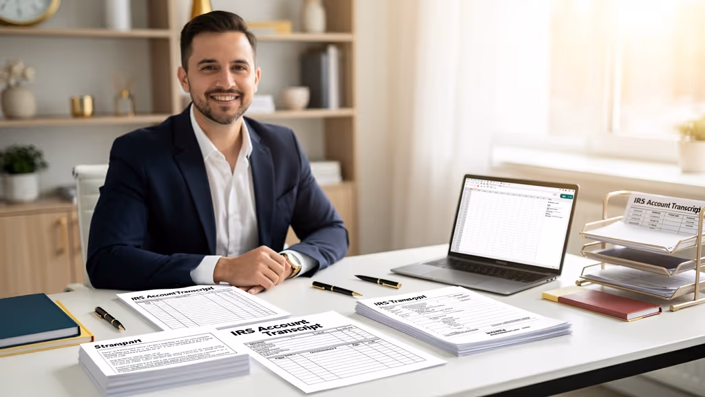Smiling man in business attire sitting at a desk with IRS Account Transcript documents and a laptop showing spreadsheet data.