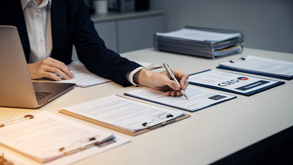 Person in business attire writing with a pen on a document on a desk with additional papers, a laptop, and file folders.