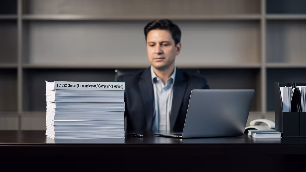 Man in a suit sitting at a desk with a large stack of papers labeled 'TC 582 Guide (Lien Indicator / Compliance Action)' next to a laptop.