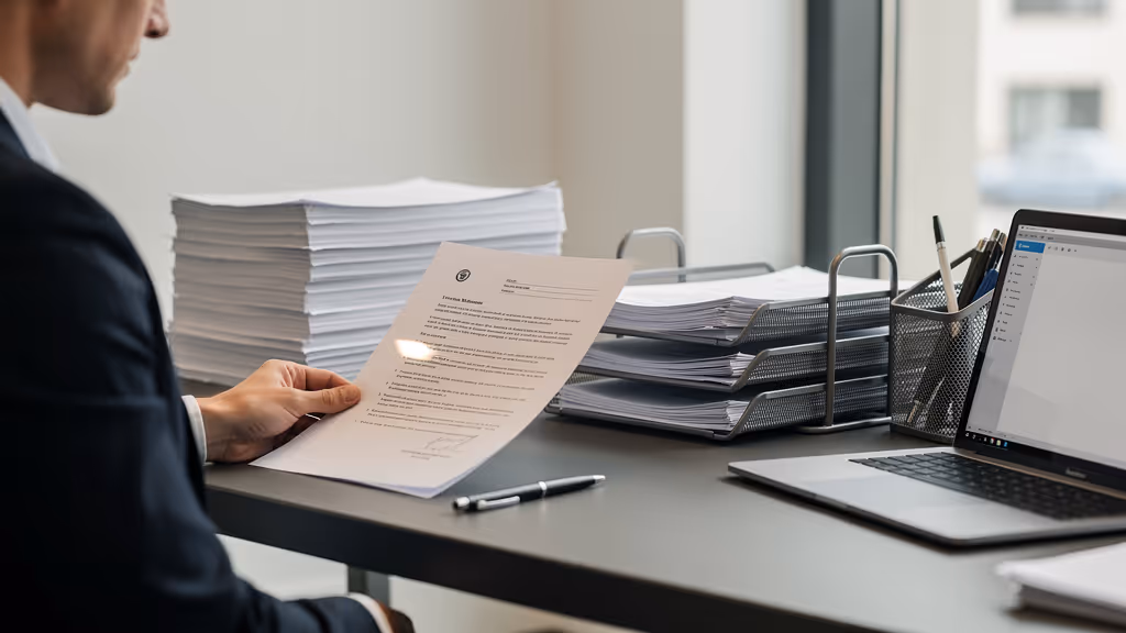 Person in a suit reviewing a document at a desk with stacks of papers, a laptop, and pen holder.