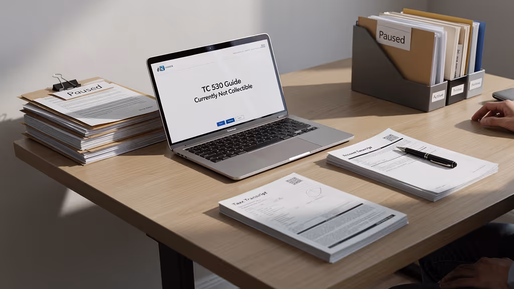 Desk with a laptop displaying 'TC 530 Guide Currently Not Collectible', stacks of documents labeled 'Paused', and a person's hand near papers with a pen.
