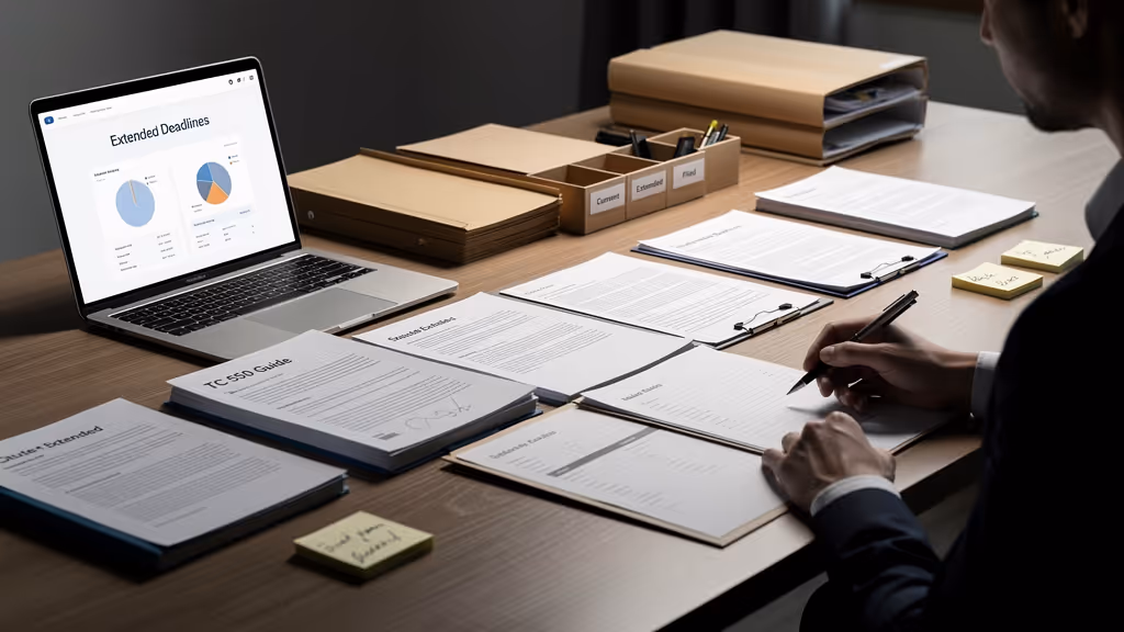 Person managing documents and taking notes at a desk with a laptop displaying extended deadline charts.