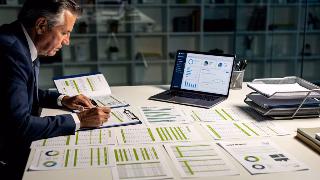 Businessman reviewing and annotating audit documents spread out on a desk with a laptop displaying financial charts.